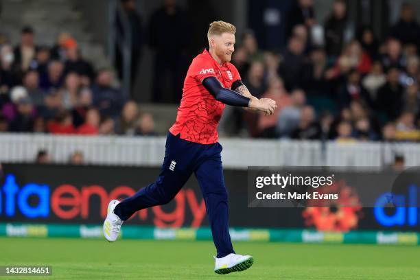 Ben Stokes of England celebrates catching Aaron Finch of Australia during game two of the T20 International series between Australia and England at...