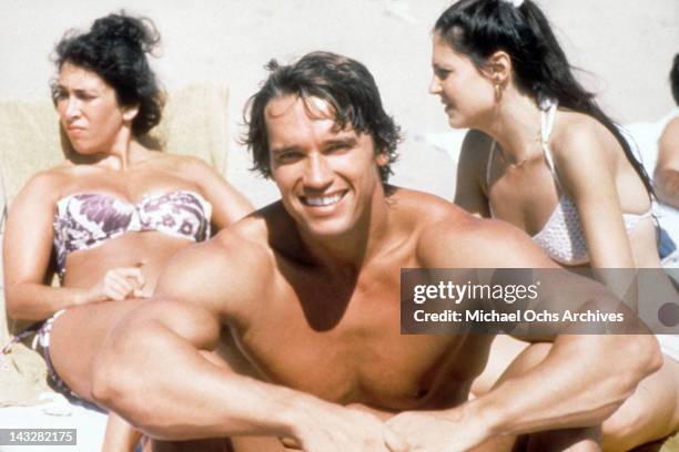 Austrian Bodybuilder Arnold Schwarzenegger poses for a portrait on Venice Beach in August 1977 in Los Angeles, California.