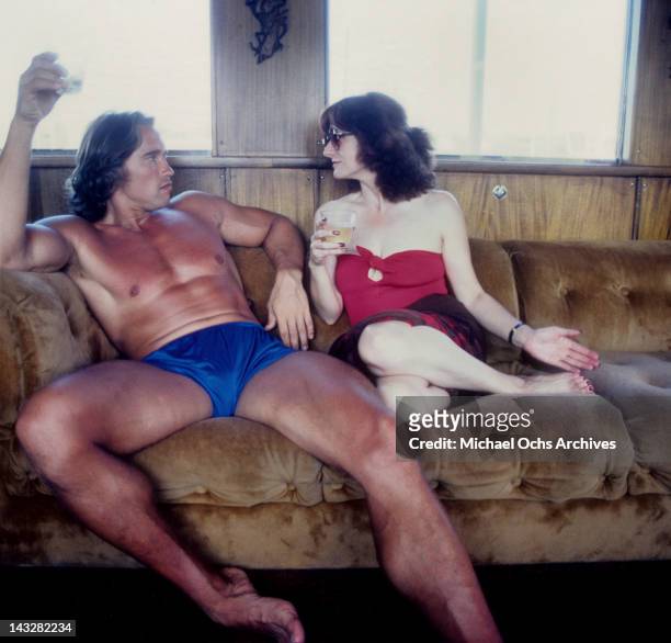 Austrian Bodybuilder and actor Arnold Schwarzenegger has some fun at a party on a yacht in Marina Del Rey in September 1979 in Los Angeles,...
