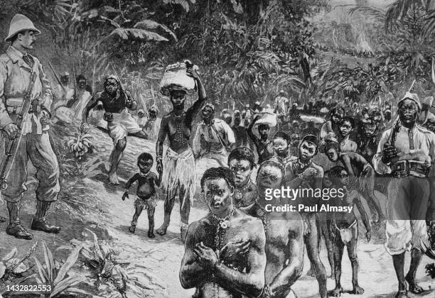 Engraved illustration depicting Belgian military officer Hubert Lothaire , who served in the Congo Free State's Force Publique, overseeing a convoy...