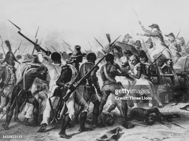 Engraving depicting the Battle of Crete-a-Pierrot of the Haitian Revolution, an insurrection by self-liberated enslaved people against French...