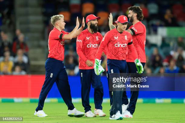 Sam Curran of England celebrates the wicket of Glenn Maxwell of Australia during game two of the T20 International series between Australia and...
