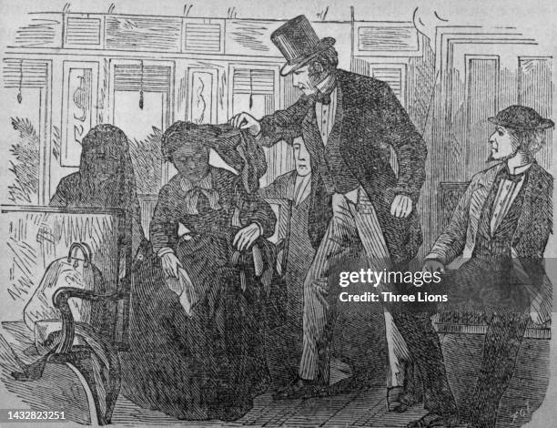 Engraving depicting a man wearing a top hat and morning coat, lifting the veil of one of two seated women , as he searches a railroad car for escaped...