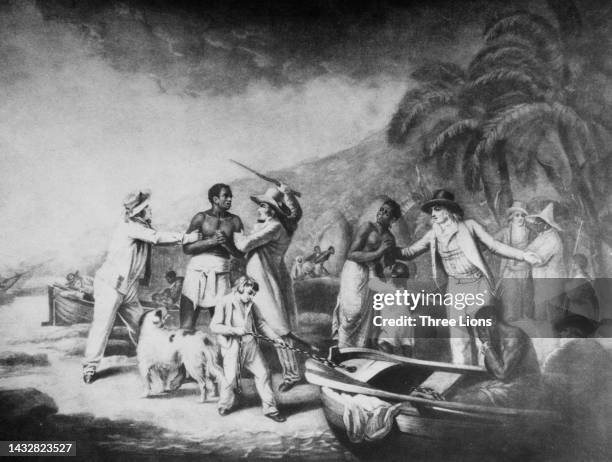 Mezzotint depicting an Africa family being captured by European sailors, with two men restraining a man as a third man stands with a woman and child,...