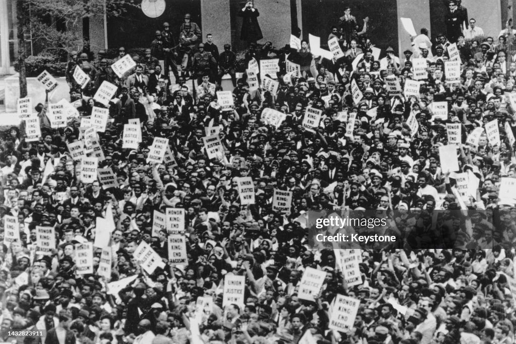 Memphis Riots 1968 High angle view of protestors holding 'Union Justice Now!' and 'Honor ...