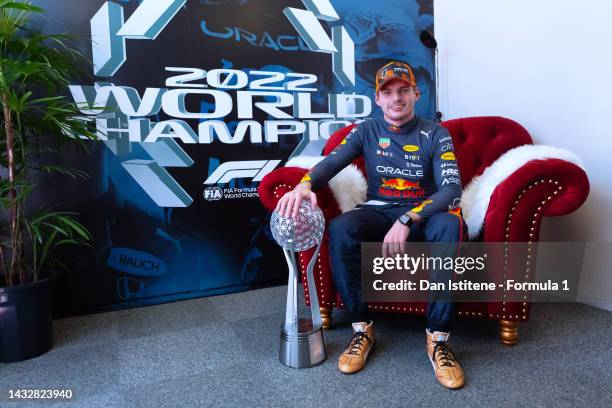 Race winner and 2022 F1 World Drivers Champion Max Verstappen of Netherlands and Oracle Red Bull Racing poses for a photo after the F1 Grand Prix of...