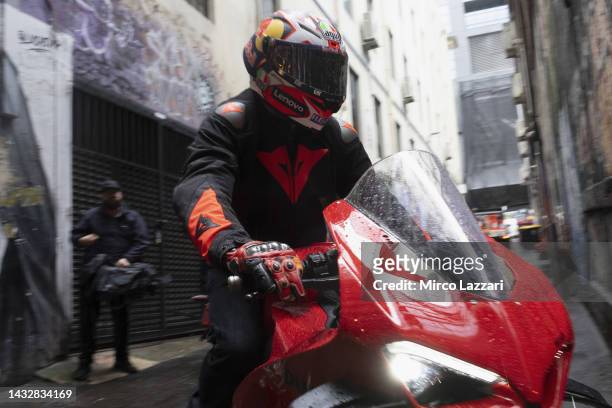 Jack Miller of Australia and Ducati Lenovo Team rides the bike along Duckboard Place to ACDC Lane during the 2022 MotoGP of Australia Preview Media...