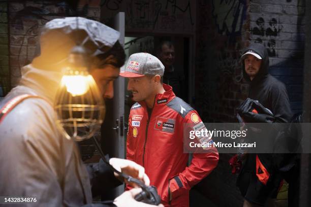 Jack Miller of Australia and Ducati Lenovo Team walk along Duckboard Place to ACDC Lane during the 2022 MotoGP of Australia Preview Media Opportunity...