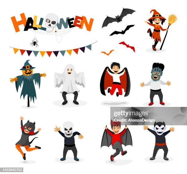 set of halloween characters. ghost, scarecrow, witch, vampire, bat, death grim reaper, pumpkin head. - scarecrow faces stock illustrations