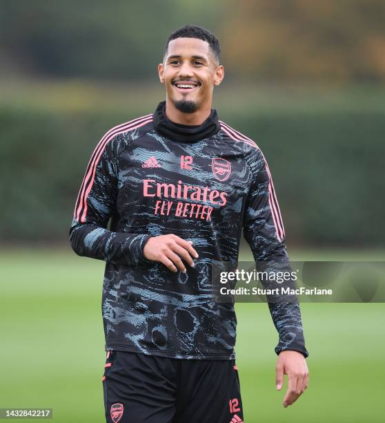 William Saliba of Arsenal during a training session at London Colney on October 12, 2022 in St Albans, England.