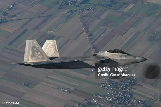 The F-22 Raptor takes part in a NATO Air Shieling exercise at the 32nd Air Tactical Base on October 12, 2022 in Lask, Poland. NATO's Allied Air...