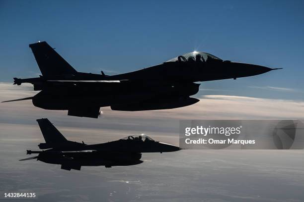 Fighting Falcons from the Polish Air Force take part in a NATO air Shielding exercise at the Lask Air Base on October 12, 2022 in Lask, Poland....