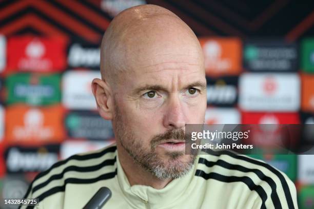 Manager Erik ten Hag of Manchester United speaks during a press conference at Carrington Training Ground on October 12, 2022 in Manchester, England.