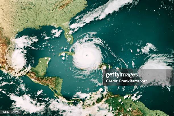 three hurricanes katia irma jose 2017 cloud map caribbean sea 3d render color - hurricane stock pictures, royalty-free photos & images