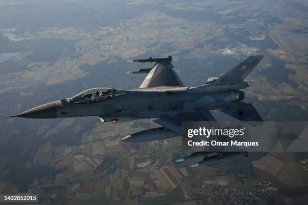 Fighting Falcon from the Polish Air Force takes part in a NATO air Shielding exercise at the Lask Air Base on October 12, 2022 in Lask, Poland....