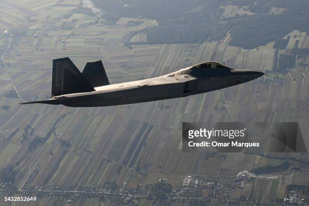 The F-22 Raptor takes part in a NATO Air Shieling exercise at the 32nd Air Tactical Base on October 12, 2022 in Lask, Poland. NATO's Allied Air...