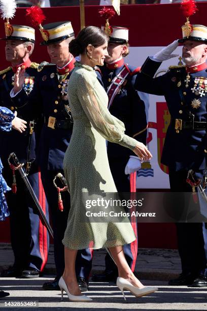 Queen Letizia of Spain attends the National Day Military Parade on October 12, 2022 in Madrid, Spain.