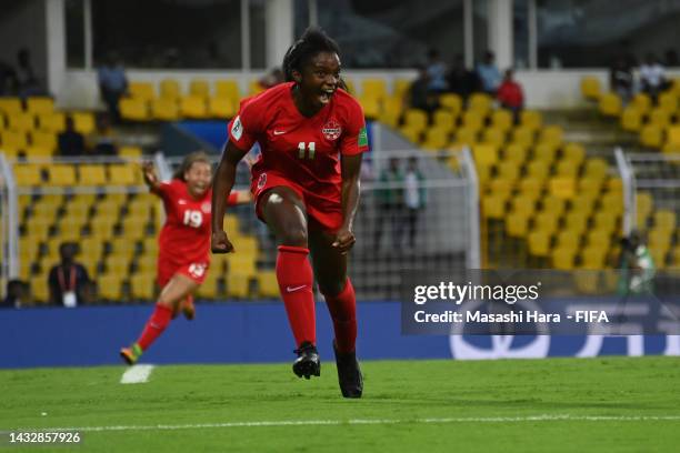 Chinonyerem Annabelle Chukwu of Canada celebrates the first goall during FIFA U-17 Women's World Cup 2022 Canada v France at Pandit Jawaharlal Nehru...