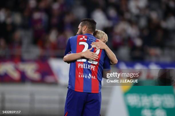 Of F.C.Tokyo celebrates scoring his side's fourth goal during the J.LEAGUE Meiji Yasuda J1 25th Sec. Match between F.C.Tokyo and Cerezo Osaka at...