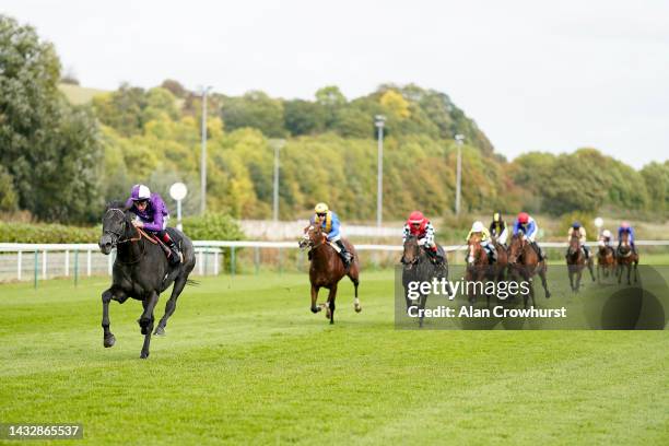 Adam Kirby riding King Of Steel win The British Stallion Studs EBF Maiden Stakes at Nottingham Racecourse on October 12, 2022 in Nottingham, England.