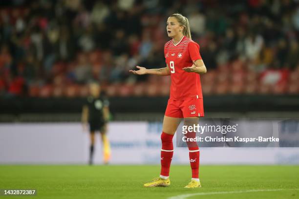Ana-Maria Crnogorcevic of Switzerland reacts during the 2023 FIFA Women's World Cup play-off round 2 match between Switzerland and Wales at Stadion...