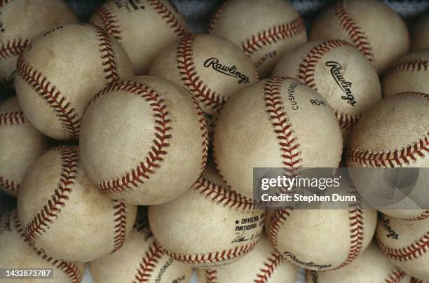 General detail view of Major League Baseball Rawlings baseballs during the National League West Los Angeles Dodgers versus New York Mets game on 25th...