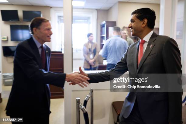 Sen. Richard Blumenthal and Rep. Ro Khanna greet one another before a news conference to discuss legislation that would temporarily halt U.S. Arms...