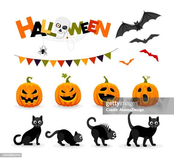 ilustraciones, imágenes clip art, dibujos animados e iconos de stock de conjunto de personajes de halloween. murciélagos, gatos, calabazas y banderas de fiesta. - cartoon halloween