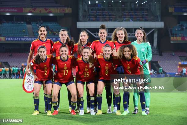 Team of Spain before the FIFA U-17 Women's World Cup 2022 Group C match between Spain and Colombia at DY Patil Stadium on October 12, 2022 in Navi...