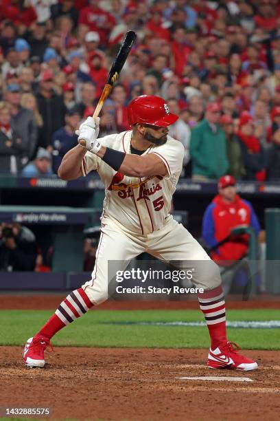 Albert Pujols of the St. Louis Cardinals at bat against the Philadelphia Phillies during game two of the National League Wild Card Series at Busch...