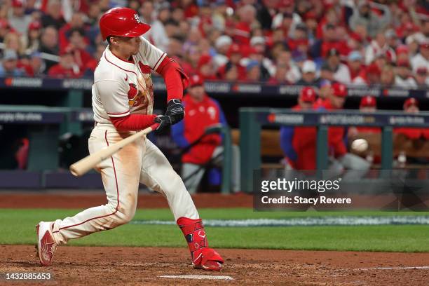 Tommy Edman of the St. Louis Cardinals at bat against the Philadelphia Phillies during game two of the National League Wild Card Series at Busch...