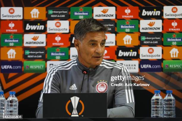 Olympiacos' head coach Michel, whose full name is Jose Miguel Gonzalez Martin del Campo speaks during the press conference ahead of the UEFA Europa...