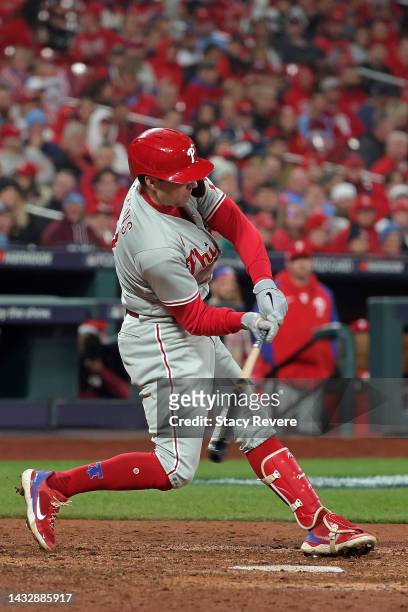 Rhys Hoskins of the Philadelphia Phillies at bat against the St. Louis Cardinals during game two of the National League Wild Card Series at Busch...