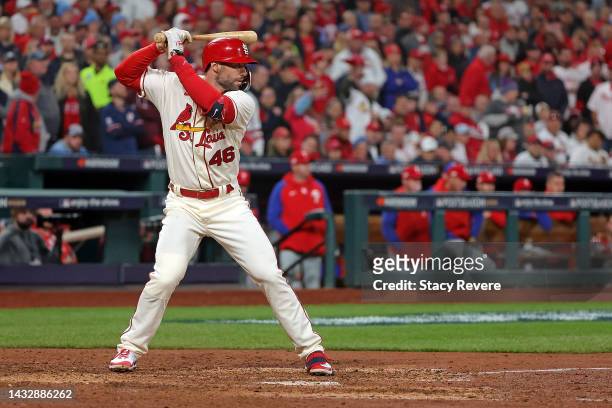 Paul Goldschmidt of the St. Louis Cardinals at bat against the Philadelphia Phillies during game two of the National League Wild Card Series at Busch...