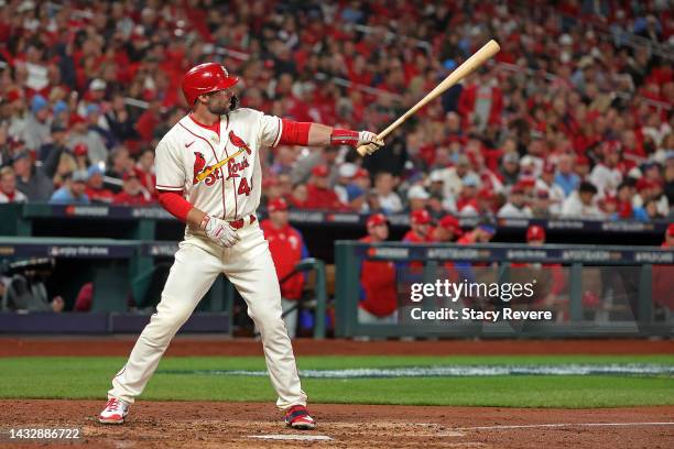 Paul Goldschmidt of the St. Louis Cardinals at bat against the Philadelphia Phillies during game two of the National League Wild Card Series at Busch...