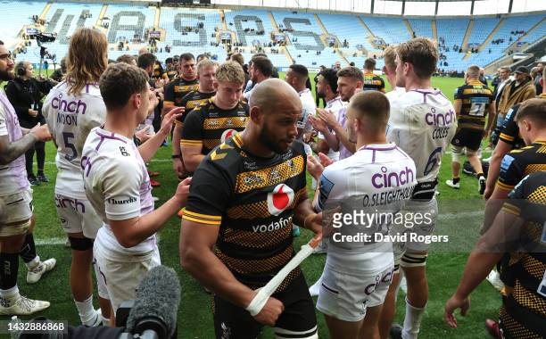 Nizaam Carr of Wasps walks off the pitch after their defeat during the Gallagher Premiership Rugby match between Wasps and Northampton Saints at The...