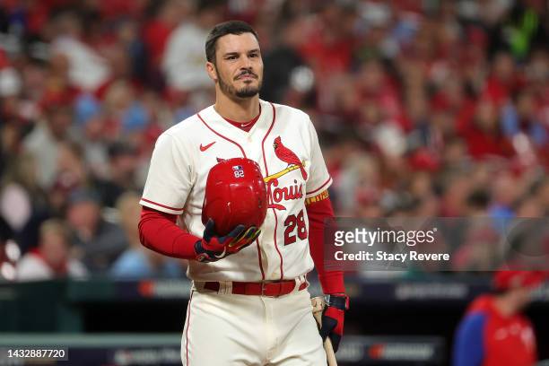 Nolan Arenado of the St. Louis Cardinals at bat against the Philadelphia Phillies during game two of the National League Wild Card Series at Busch...
