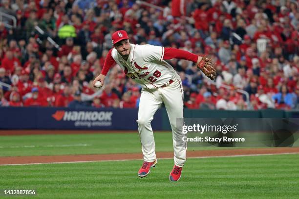 Nolan Arenado of the St. Louis Cardinals fields a ground ball against the Philadelphia Phillies during game two of the National League Wild Card...