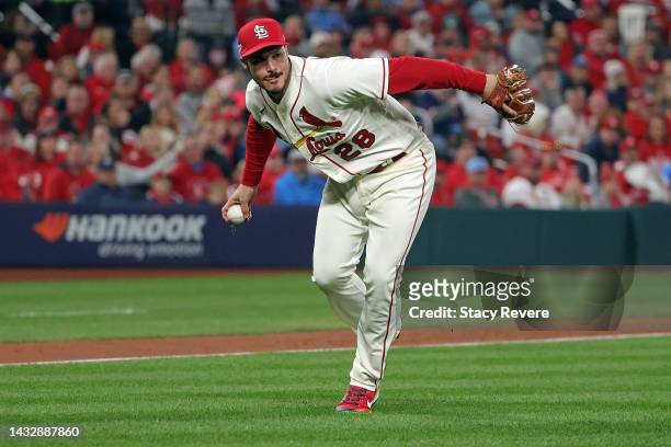 Nolan Arenado of the St. Louis Cardinals fields a ground ball against the Philadelphia Phillies during game two of the National League Wild Card...