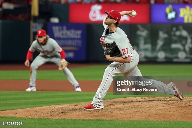 Aaron Nola of the Philadelphia Phillies throws a pitch against the St. Louis Cardinals during game two of the National League Wild Card Series at...