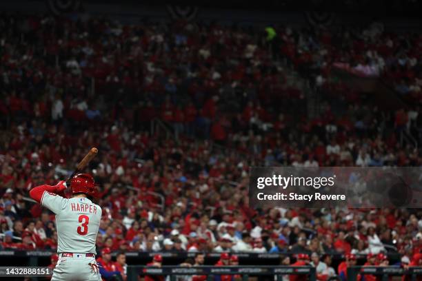 Bryce Harper of the Philadelphia Phillies at bat against the St. Louis Cardinals during game two of the National League Wild Card Series at Busch...