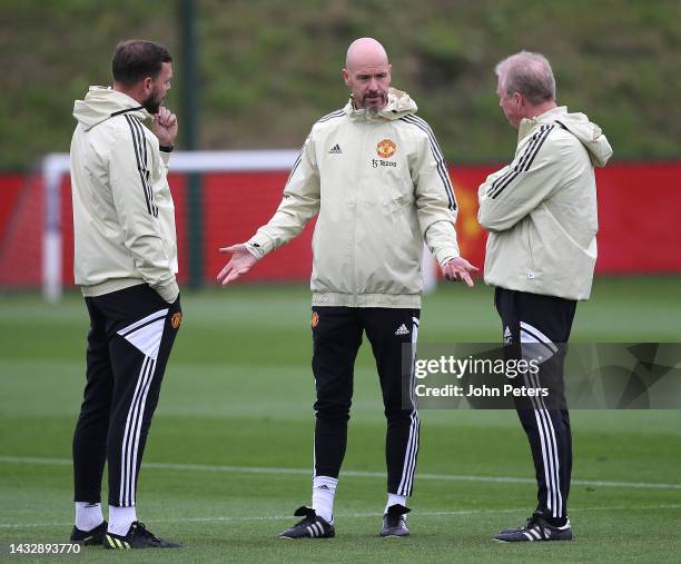 Manager Erik ten Hag, Coach Steve McClaren of Manchester United in action during a first team training session at Carrington Training Ground on...