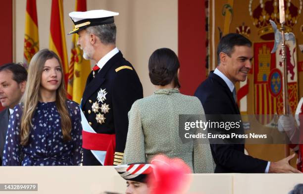 Infanta Sofia; King Felipe VI; Queen Letizia and Prime Minister Pedro Sanchez during the solemn act of homage to the national flag and military...