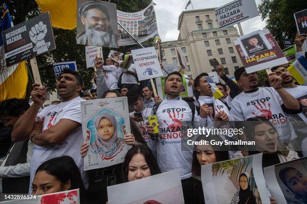 Members of the British Afghan diaspora from the minority Hazara tribe protest outside Downing street on October 12, 2022 in London, England. Members...