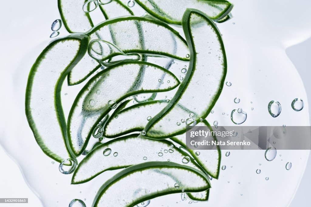 Aloe vera slice texture with gel on green background.