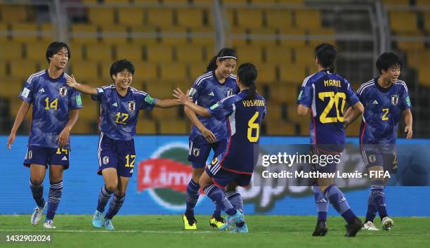 Mao Itamura of Japan celebrates scoring her teams second goal with team mates during the Group D match between Japan and Tanzania during the FIFA...