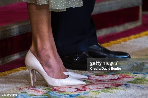 Queen Letizia of Spain, shoe detail, attends a reception on the National Day of Spain on October 12, 2022 in Madrid, Spain.