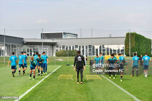 Players train during the Juventus U17 Training Session at Juventus Center Vinovo on October 12, 2022 in Vinovo, Italy.