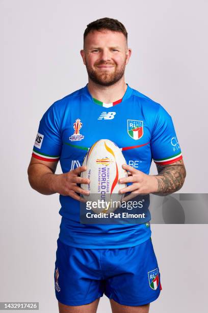 Nathan Brown of Italy poses for a photo during the Italy Rugby League World Cup Portrait Session on October 11, 2022 in Liverpool, England.
