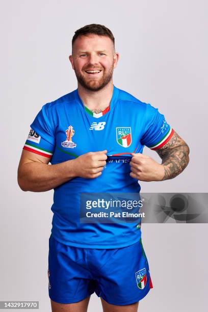 Nathan Brown of Italy poses for a photo during the Italy Rugby League World Cup Portrait Session on October 11, 2022 in Liverpool, England.